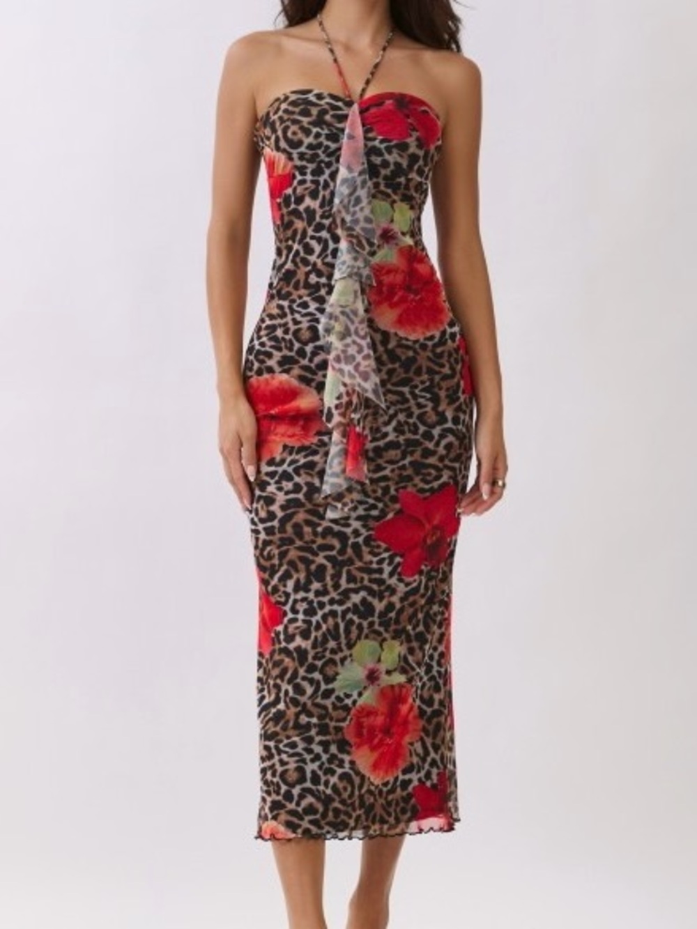 Strapless Red Floral Leopard Ruffle Midi Dress - Picture 6 of 6